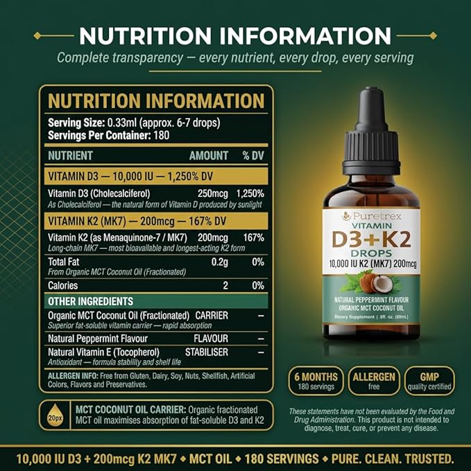Vitamin D3 + K2 Drops 10,000 IU D3 with 200mcg K2 (MK7), Peppermint Flavour, Organic MCT Coconut Oil, 60mL, 6 Month Supply