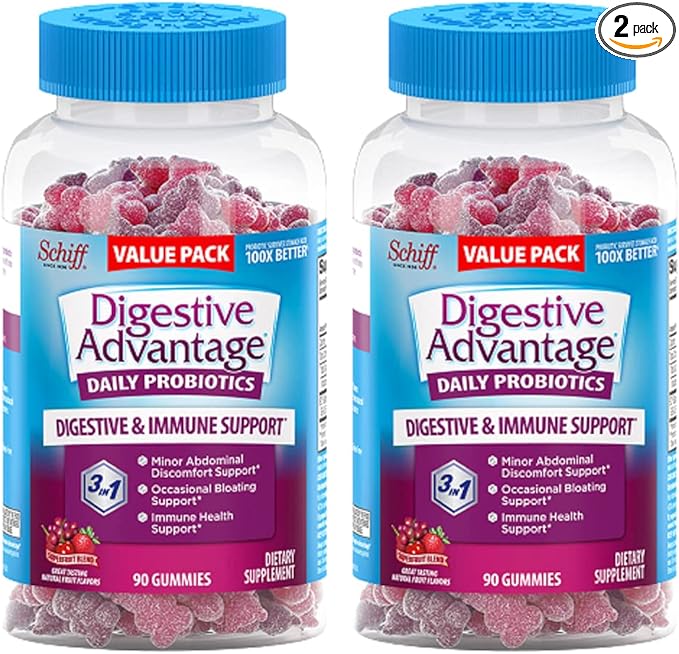 Digestive Advantage Daily Probiotic Gummies for Digestive & Gut Health for Men and Women, Superfruit Flavor, Red, 180 Count, Pack of 2