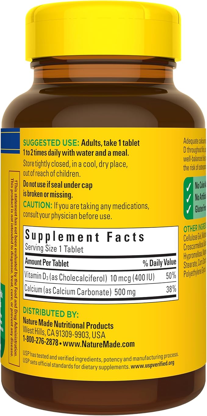 Nature Made Calcium 500 mg with Vitamin D3, Calcium and Vitamin D Supplement for Bone Support, 130 Tablets