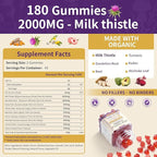 Milk Thistle Gummies with 2000MG Extract, Liver Health Support Gummies, Silymarin Milk Thistle Supplement with Artichoke, Dandelion, Turmeric Curcumin, No Sugar, for Adults, Vegan, 180 Count