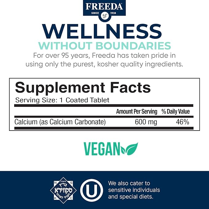 FREEDA Calcium 600 mg – Bone, Joint and Teeth Support – 600mg Pure Calcium Supplements for Women & Men – Healthy Muscle and Nerve Function – GF, Easy-to-Swallow Coated Tablets (100 Ct)