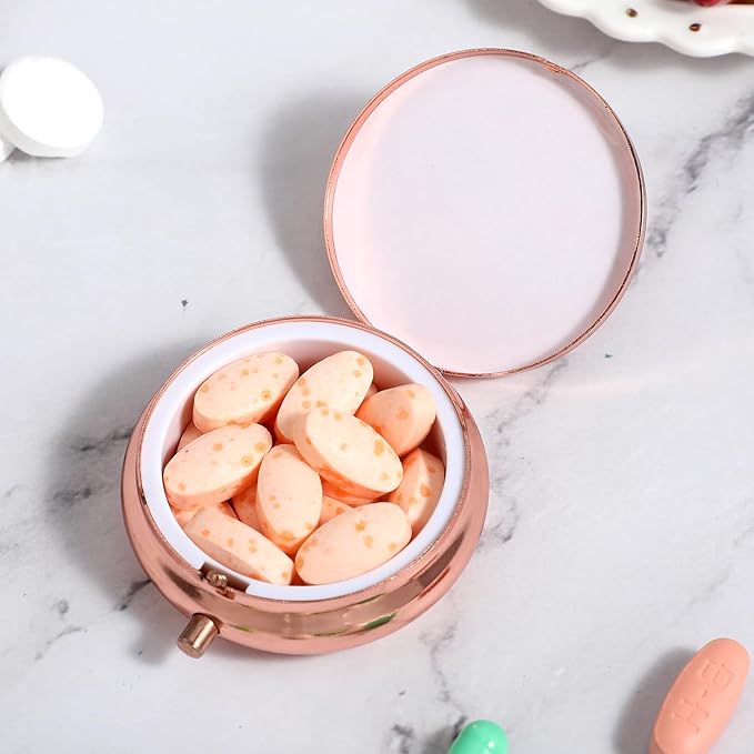WLLHYF Pill Box Cute Small Pill Box for Purse & Pocket Medicine Organizer Travel Pillbox Waterproof Pill Case Metal Pill Container Holder for Vitamins, Fish Oil, Supplements (Rosegold)