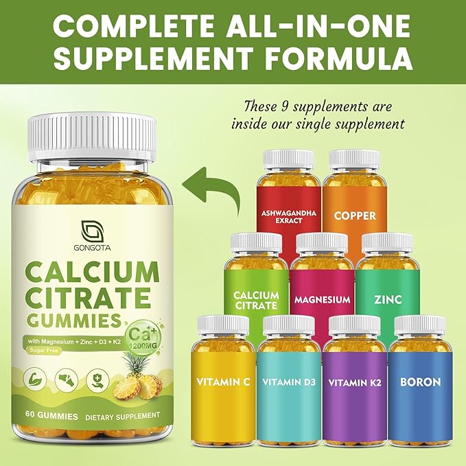 Calcium Citrate Gummies for Women, 1200mg Calcium Citrate Magnesium with Vitamin C D3 K2, Absorption Calcium Supplements for Bone, Muscle, Immune, Sugar Free (120Count)