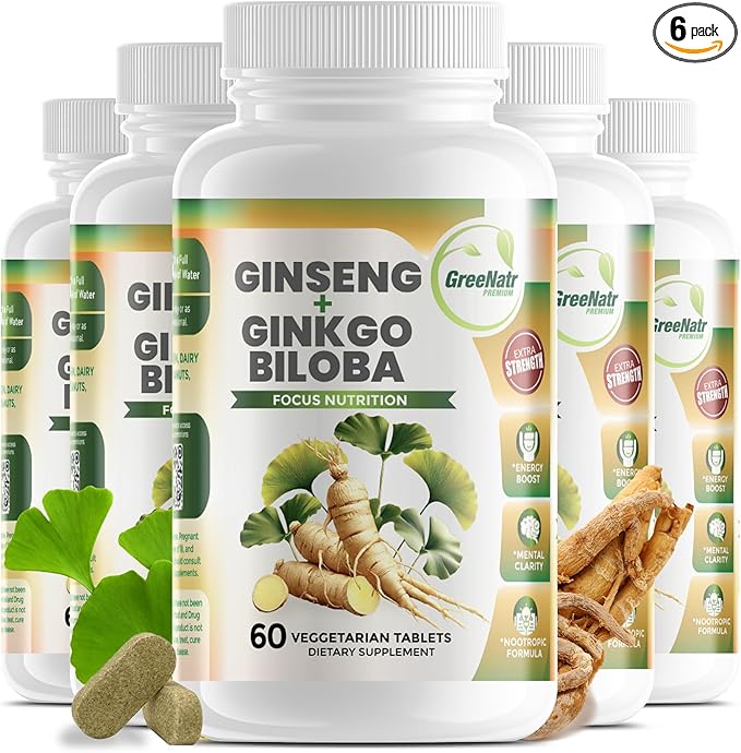GreeNatr Ginko Biloba & Panax Ginseng Supplement - Red Ginseng for Memory and Focus - Ginkgo Biloba for Good Vision, Immune System and Improved Blood Flow (360 Tablets: 6 Bottles)