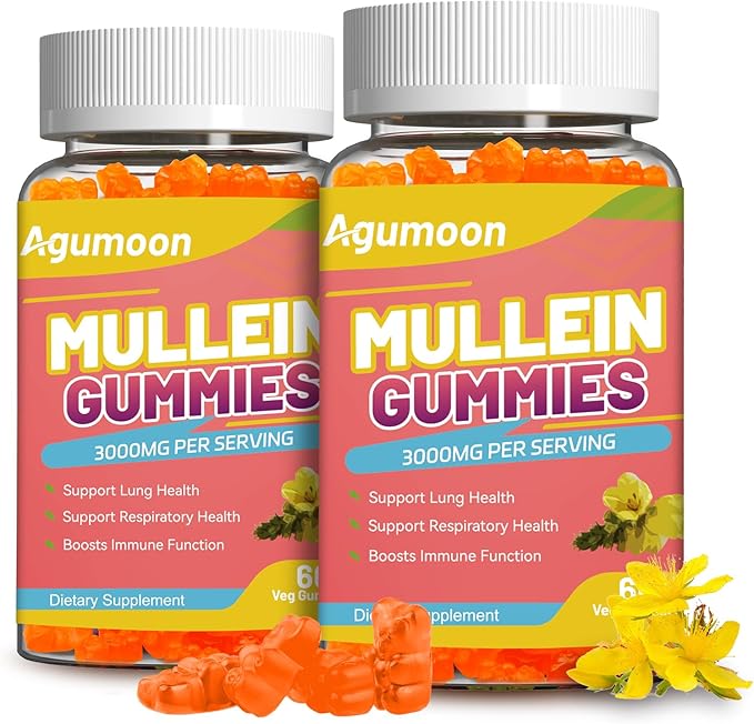 2PACK 3000MG Mullein Gummies, Extra Strength Mullein Leaf Extract with Quercetin, Bromelain for Lung Detox & Immune Support, Mango Flavor, 120 Count