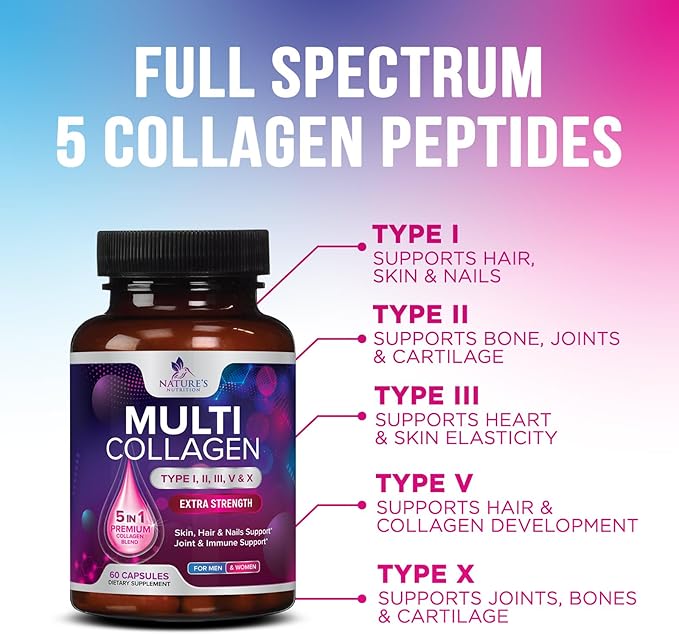 Multi Collagen Pills 2400 mg Per Serving - Advanced Types I, II, III, V, X - Hydrolyzed Multi Collagen Peptides Pills Supplement for Women & Men - Hair, Skin, & Nail Support Supplements - 60 Capsules