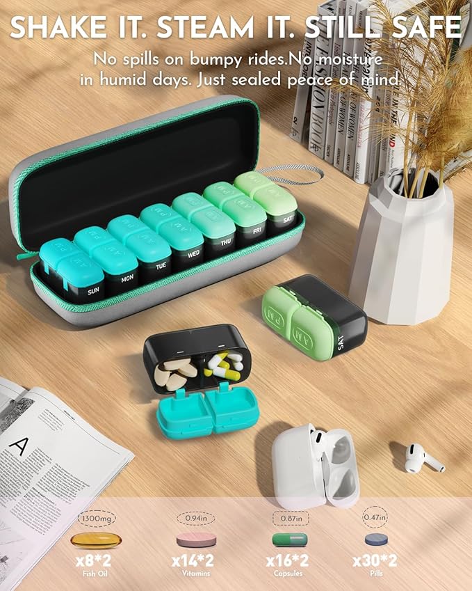 Weekly Pill Organizer 2 Times a Day, 7 Day Travel Medicine Pill Organizer with Moisture-Proof Silicone Lid, AM PM Daily Pill Box for Vitamins & Supplements, Aesthetics Pill Case(Green)