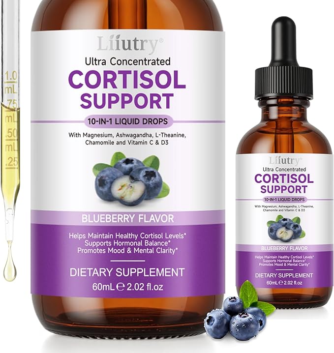 Cortisol Supplements for Women and Men with Magnesium, Ashwagandha, L-Theanine, 10 in 1 Cortisol Detox Manager Reducer, Hormone Balance Liquid Drops - Mood, Focus, Sleep - Blueberry Flavor(2.02 fl.oz)
