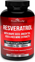 Resveratrol Supplement - 1400mg Extra Strength Formula with Grape Seed Extract and Green Tea Extract - 60 Veggie Capsules