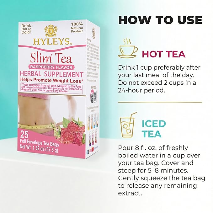 Hyleys Slim Tea Raspberry Flavor - Weight Loss Herbal Supplement Cleanse and Detox - 25 Tea Bags (1 Pack)