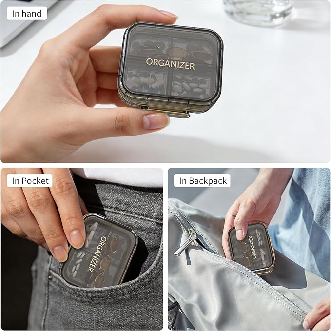 Travel Pill Organizer, Waterproof Weekly Pill Box 7 Day, Portable Container for Purse Pocket, Removable Compartments Daily Supplements Case, Airtight Storage for Outdoor (Black)