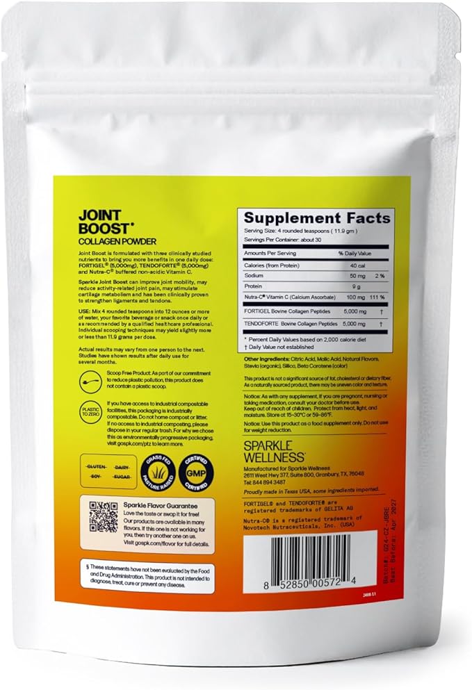 Sparkle Wellness FORTIGEL & TENDOFORTE Collagen Peptides | Collagen Powder with Calcium Ascorbate Vitamin C to Support Joint Mobility, Tendon & Ligament Health | Joint Boost (Tropical) [30-Serves]