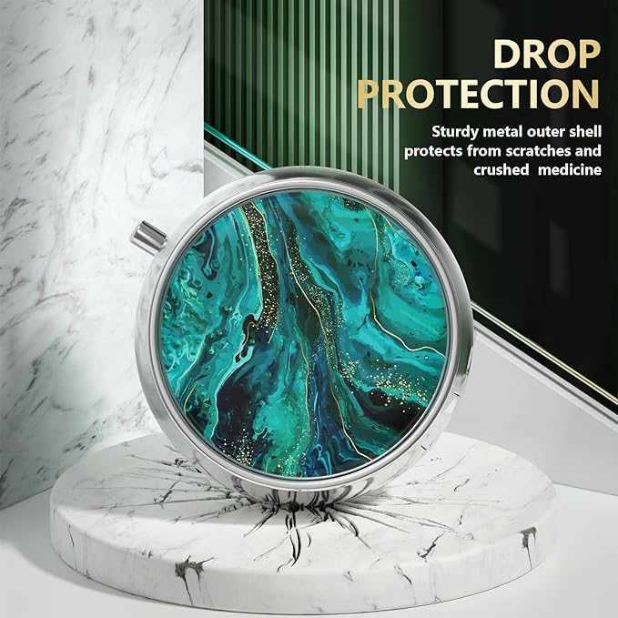 3 Pack Pill Box, Small Pill Case for Purse & Pocket, Cute Medicine Organizer Travel Pillbox, Portable Pill Container Holder to Hold Vitamins, Medication, Fish Oil & Supplements, Teal Ocean Marble