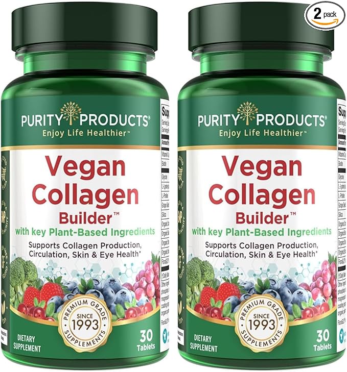 Vegan Collagen Builder - Organic Whole Foods Fruits + Veg, Silica, Lutein, Vitamin C, Biotin, Grape Seed - Amino Acids Glycine, Lysine + Proline Collagen Boosters (30 Servings, Tablets) (Pack of 2)