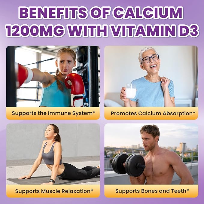 Calcium Citrate Gummies - 1200mg Calcium Gummies Supplements for Women & Men with Vitamin D3, K2, Magnesium, Zinc High Absorption for Bone, Muscle & Immune Support, Grape Flavor, 120 Count