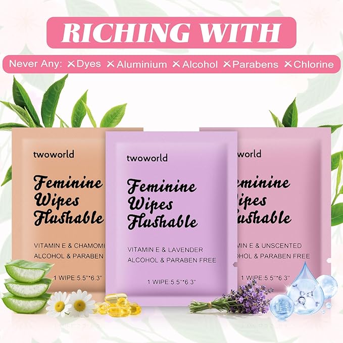 Feminine Wipes Individually Wrapped, Flushable Wipes Travel,Feminine Care Vaginal Wipes for Adult,Women, Girl and Homeless (Pack of 60,Unscented,Lavender and Chamomile)