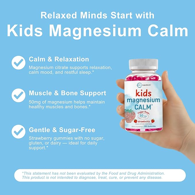 Kids Magnesium Gummies for Age 2+, 120 Count | Sugar Free Strawberry Flavor | Calm Magnesium Citrate Gummies for Sleep, Relaxation, Muscle, Bones, & Mood Support* | Non-GMO, Gluten Free