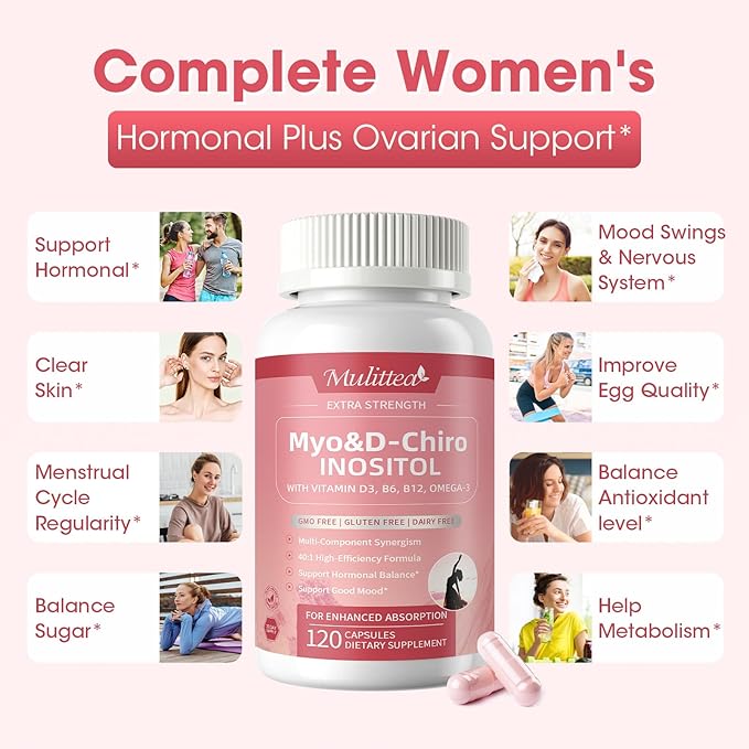 Mulittea Myo-Inositol & D-Chiro Supplement for Women - 14-in-1 Liposomal Inositol with Folic Acid,Omega-3 & Multivitamin for Hormone Balance,Support Ovarian,Skin & Mood- 40:1 Vegan 120 Capsules