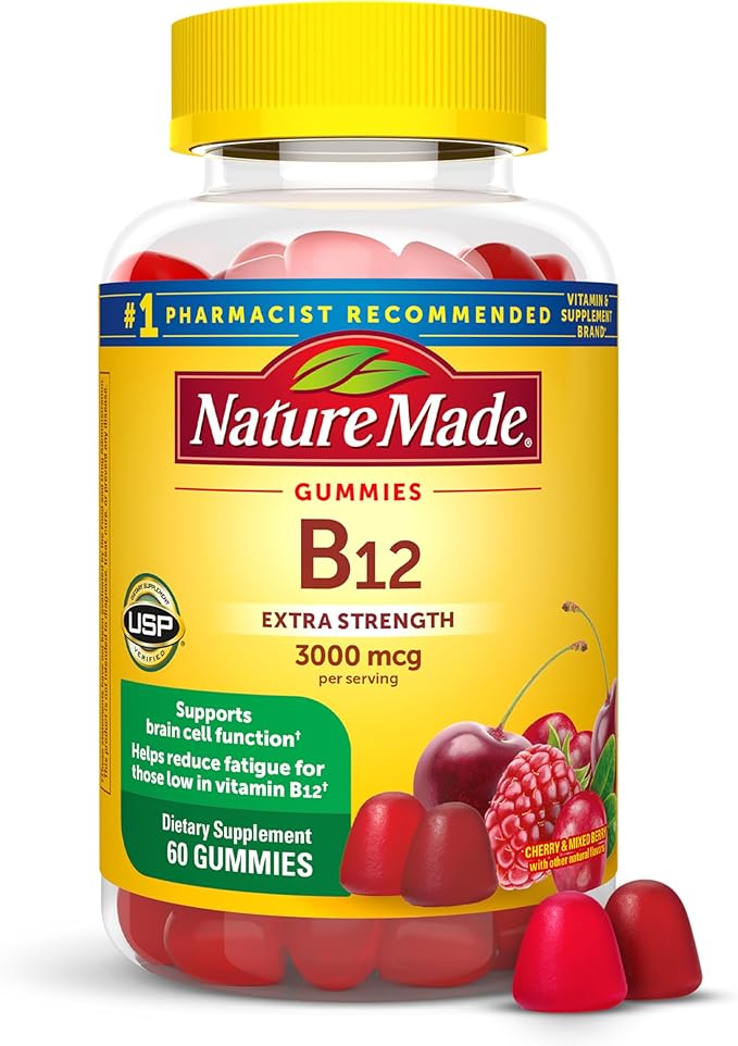 Nature Made Extra Strength Vitamin B12 Gummies 3000 mcg per serving, B12 Vitamins for Energy Metabolism Support, 60 Gummy Vitamins, 30 Day Supply