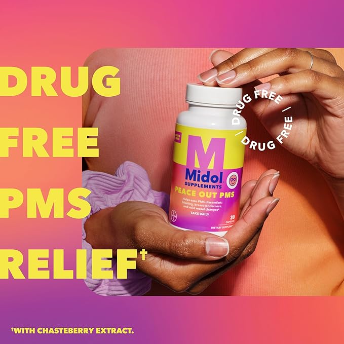 Midol Supplements Peace Out PMS, PMS Support Supplement, Formulated with Chasteberry to Help Ease Breast Tenderness & Mild Mood Changes, Also with Ginger Powder & Valerian Extract, 30 Count