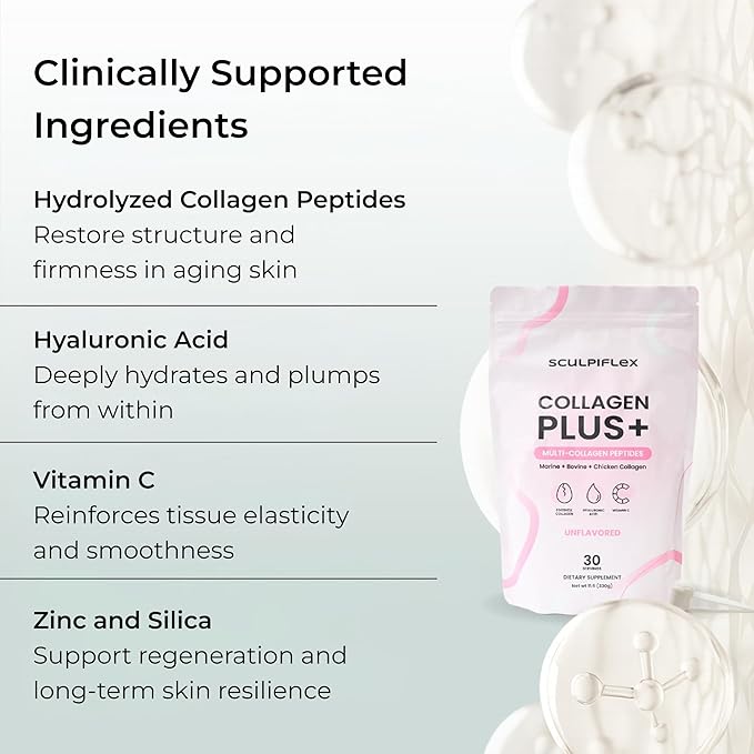 Sculpiflex Hydrolyzed Collagen Peptides Powder, Marine, Bovine, and Chicken Unflavored Multi Collagen Complex for Women, Firms Skin and Boosts Elasticity, Hydrating with Hyaluronic Acid (30 Servings)