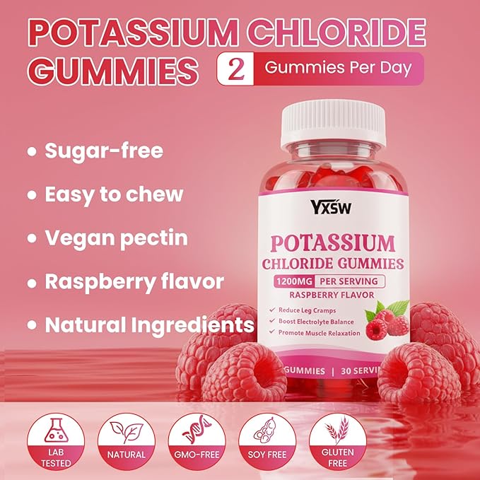 Potassium Gummies for Adults, Potassium Chloride 1200mg, Potassium Supplement for Women & Men, Supports Electrolyte Balance & Muscle Health, Sugar-Free, Raspberry Flavor, 120 Count