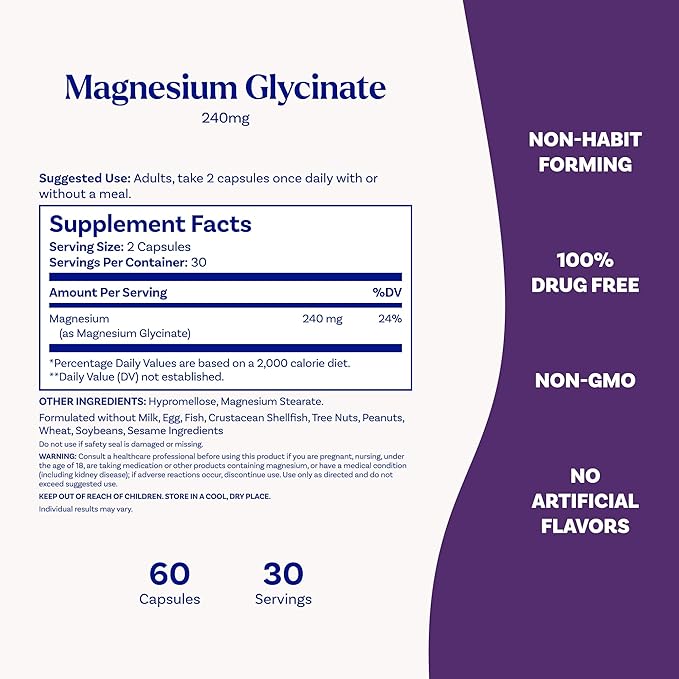 Natrol Magnesium Glycinate Supplements 240 mg - High Absorption - Calm Magnesium Glycinate for Sleep - 60 Capsules,30 Day Supply,(Pack of 2)