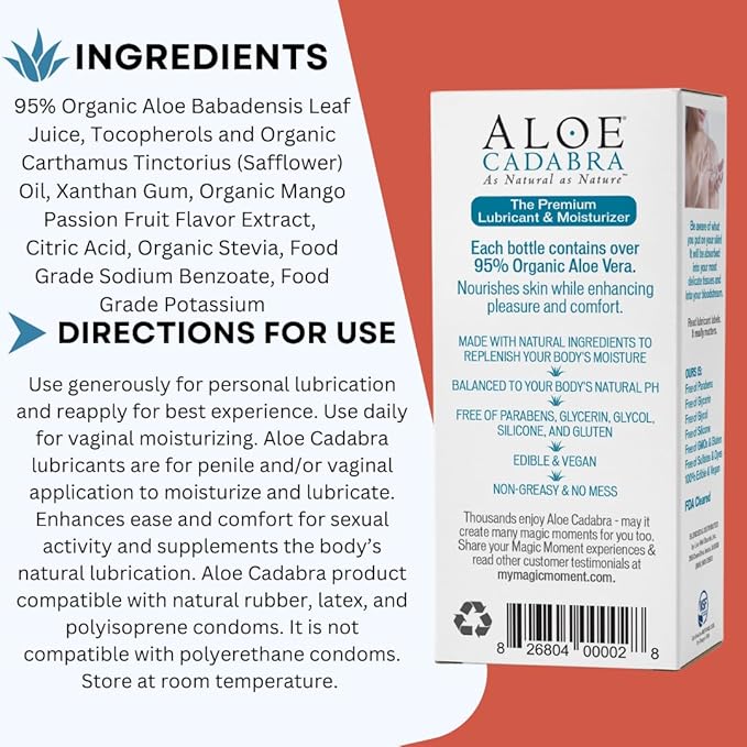 Aloe Cadabra Flavored Personal Lubricant and Vaginal Moisturizer, Organic Edible Aloe Lube for Men, Women and Couples, Non-Staining, pH Balanced, Toy Compatible (Mango Passion, 2.5 Ounces, 2 Pack)