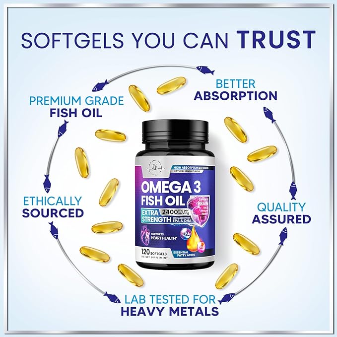 Omega 3 Fish Oil Supplements - 2400mg Fish Oil Per Serving - Triple Strength Omega-3 with EPA & DHA Fatty Acids - Natural Heart, Brain & Immune Support - Wild Caught, Bottled in USA - 120 Softgels
