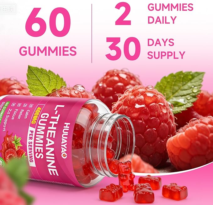 L-Theanine Gummies 400mg, L-Theanine Supplement for Kids & Adults with Ashwagandha, GABA, 5HTP for Calm, Zzz & Relaxation Support, Raspberry Flavor, 60 Counts