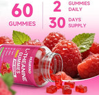 L-Theanine Gummies 400mg, L-Theanine Supplement for Kids & Adults with Ashwagandha, GABA, 5HTP for Calm, Zzz & Relaxation Support, Raspberry Flavor, 60 Counts