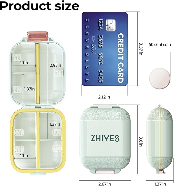 7 Compartments Travel Pill Organizer, Foldable Portable Airtight Daily Pill Box, Compact Pill Case for Purse & Pocket, BPA-Free Medicine Organizer for Vitamins Fish Oil Supplements (Green)