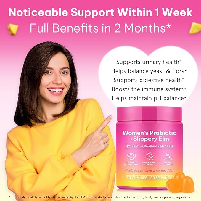 Vaginal Probiotics for Women Gummies, Women's Probiotic Gummies for Feminine Wellness - Daily Balance & Support, PH Balance, Hawaiian Pineapple Flavor, 60 Count