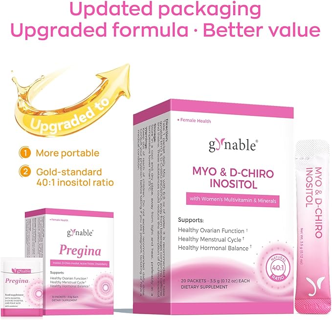 Gynable Pregina Myo-Inositol & D-Chiro Inositol Powder for Women - PCOS Fertility Support, Hormonal Balance, Regular Cycles | Patented Active Folic Acid, Vegan, Gluten-Free (30 Servings, Peach)