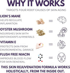 Skin Rejuvenation Supplement - Inner Skin Glow & Cellular Repair Formula – Lion’s Mane, Oyster, Vitamin E, Niacin + Beta-Glucans – Antioxidant + Beauty Blend - 120 Vegan Capsules