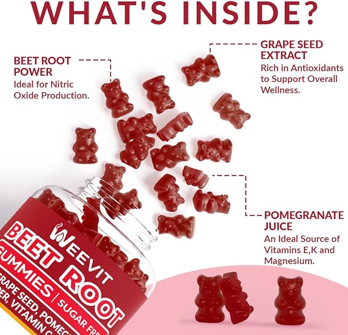 WEEVIT Beet Root Gummies, Nitric Oxide Supplement for Men Women | Organic Beet Gummy with Grape Seed, Pomegranate, Black Pepper, Vitamin C, B12