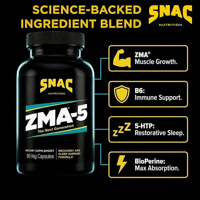 SNAC ZMA-5 Mineral Supplement - Supports Muscle Function, Restful Sleep, Immune Health & Relaxation with Zinc, Vitamin B6, Magnesium & 5-HTP for Sleep, Anxiety, Calmness - 180 Veggie Capsules (2 Pack)