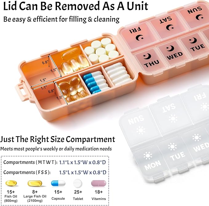 Foldable & Portable Weekly Pill Organizer 2 Times a Day with Clear Printed Labels - 7 Day AM PM Medicine Box, Week Daily Travel Pill Meds Case Holder for Medications, Vitamin, Supplement - Pink