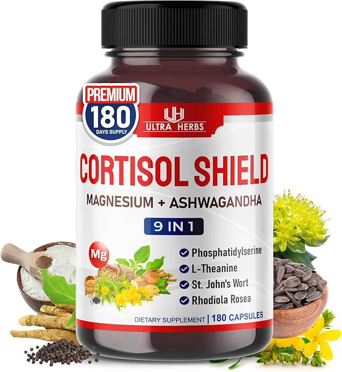 CORTISOL Shield 9-in-1 -Magnesium + Ashwagandha with Phosphatidylserine, L-Theanine, St. John's Wort, Rhodiola Rosea - Relaxation Support, Hormone Balance (180 Count (Pack of 1))