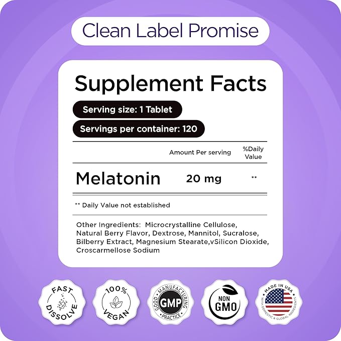 Balancebreens Melatonin 20mg Fast Dissolve Tablets - High Potency, Fast Acting, Natural Sleep Support - Sleep Aids for Adults - Non-Groggy, Drug-Free Formula - 120 Sleeping Pills