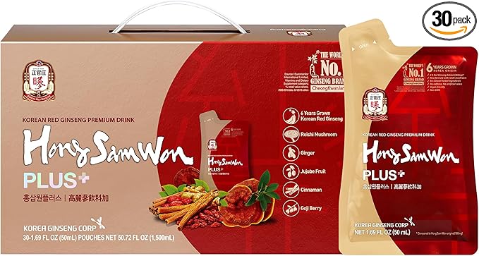 JUNG Kwan Jang Hong Sam Won Korean Red Ginseng Drink, Herbal Tea Vegan Friendly (30 Pouches)