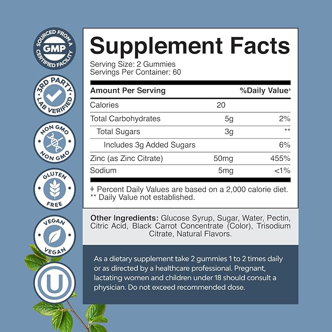 Extra Strength Zinc Gummies for Adults - Chewable Zinc Supplements for Women & Men for Energy & Immune Support - Vitamins & Mineral Supplements - 120 Count