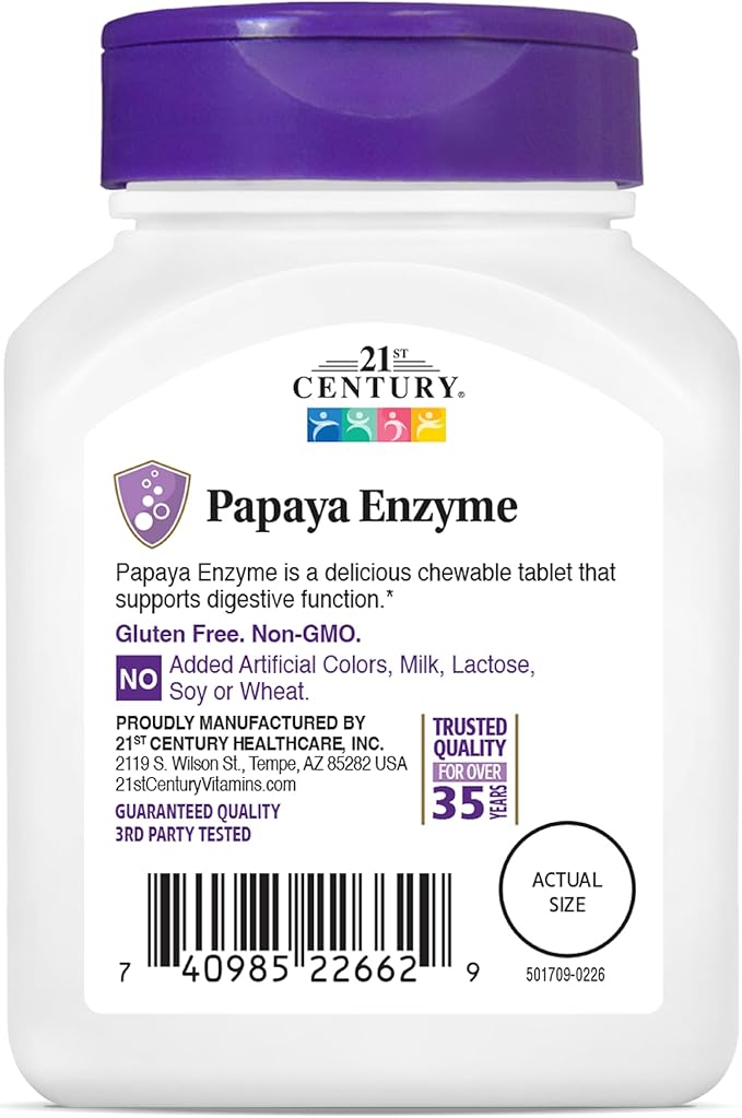 21st Century Papaya Enzyme Chewable (100 Count), Papaya & Pineapple Digestive Enzymes for Gut Health, Tropical Flavor, Non-GMO, Gluten-Free, No Added Salt, Artificial Flavors