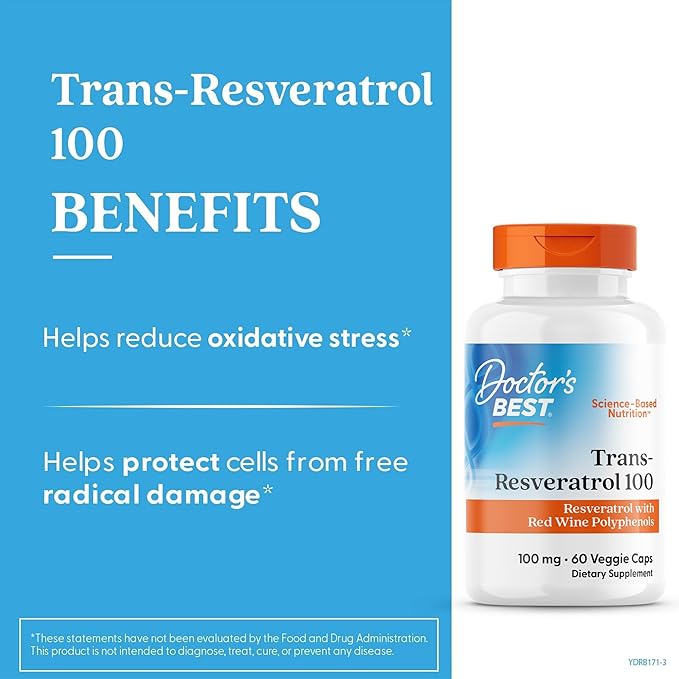 Doctors Best Trans-Resveratrol 100, Resveratrol with Red Wine Polyphenol (ResVinol), Non-GMO, Gluten Free, Soy Free, Vegan 60 Veggie Caps
