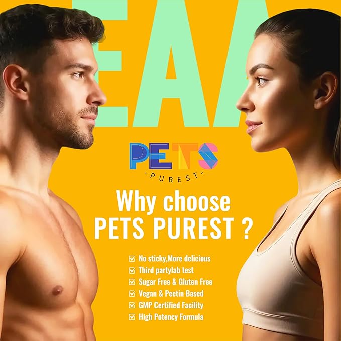Pets Purest EAA Gummies 120 Gummies (Orange), Essential Amino Acids - All 9 Essential Aminos (EAA) and All Branched-Chain Aminos (BCAAs), Non-GMO, Gluten Free, Vegetarian Friendly