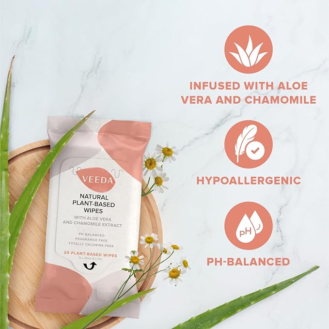 Veeda Plant-Based Feminine Wipes – pH-Balanced, Hypoallergenic & Biodegradable Wipes for Sensitive Skin, Fragrance-Free Travel Sized Wipes – 20 Count