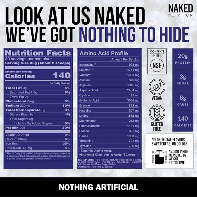 Naked Shake - Blueberry Muffin Protein Powder - Flavored Plant Based Protein from US & Canadian Farms with MCT Oil, NSF Certified, Gluten-Free, Soy-Free, No GMOs or Artificial Sweeteners - 30 Servings