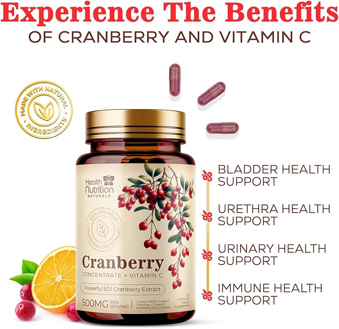 Cranberry Extract 500mg Per Serving - Cranberry Powder Supplement with Vitamins C - Urinary Tract Health Support, Cran Berry Fruit, Sugar Free Formula, Bottled in USA - 120 Capsules