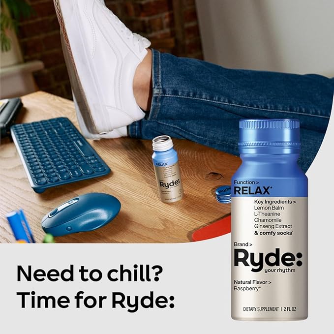 Ryde: Relax Shot | Raspberry Flavor | Lemon Balm, L-Theanine, Ginseng & Chamomile |0 Calories, 0 Sugar | 2 FL OZ Shots | Helps You Relax* (24 Pack)