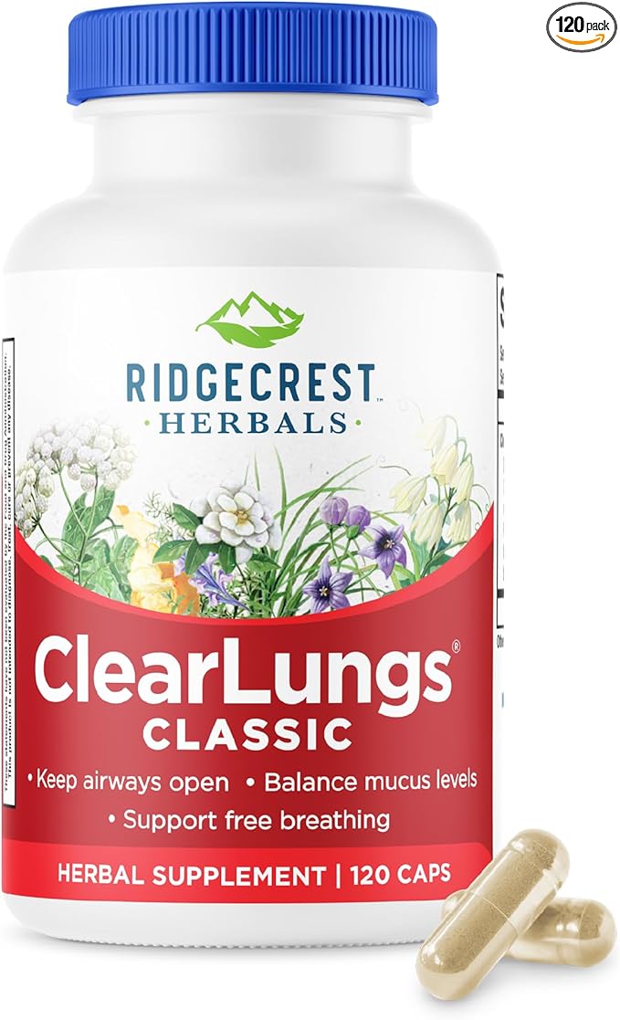 RidgeCrest Herbals ClearLungs Classic, Daily Health Supplement, Natural Lung and Nasal Wellness Formula for Bronchial, Respiratory, Immune, Sinus, and Mucus Support (120 Vegan Caps, 60 Serv)
